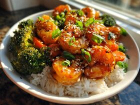 Close-up of Irresistible Honey Garlic Shrimp Bowls featuring glazed shrimp over white rice with steamed broccoli and sesame seeds.