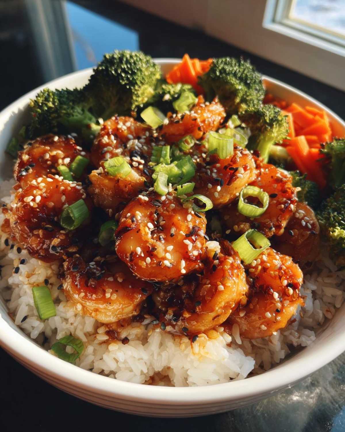 Close-up of Irresistible Honey Garlic Shrimp Bowls served over rice with steamed broccoli and carrots, topped with sesame seeds.