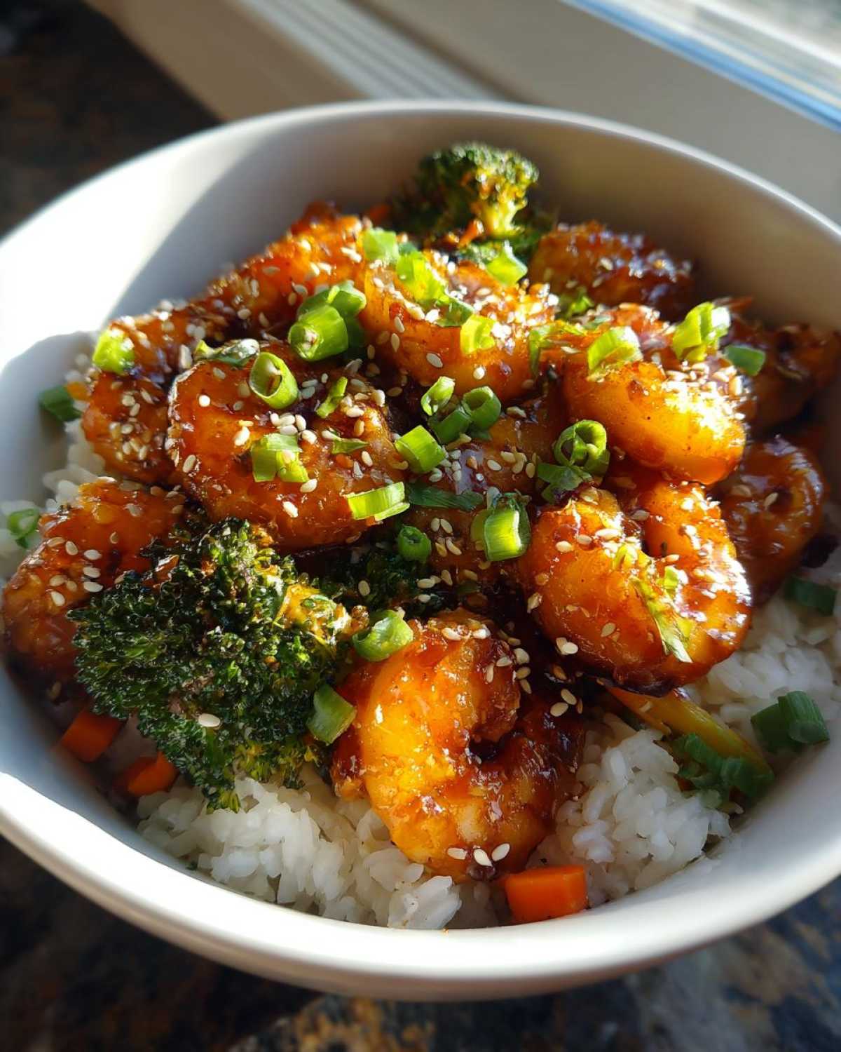 Close-up of Irresistible Honey Garlic Shrimp Bowls featuring glazed shrimp, white rice, broccoli florets, and green onions.