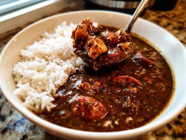 A spoonful of rich Justin Wilson Chicken and Sausage Gumbo, featuring chicken and sausage pieces, being lifted from a bowl next to fluffy white rice.