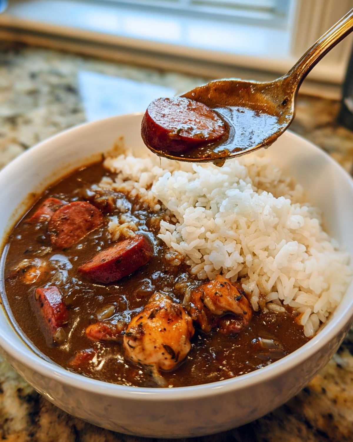 A spoonful of rich Justin Wilson Chicken and Sausage Gumbo, featuring sausage and dark roux, lifted above a bowl of white rice.