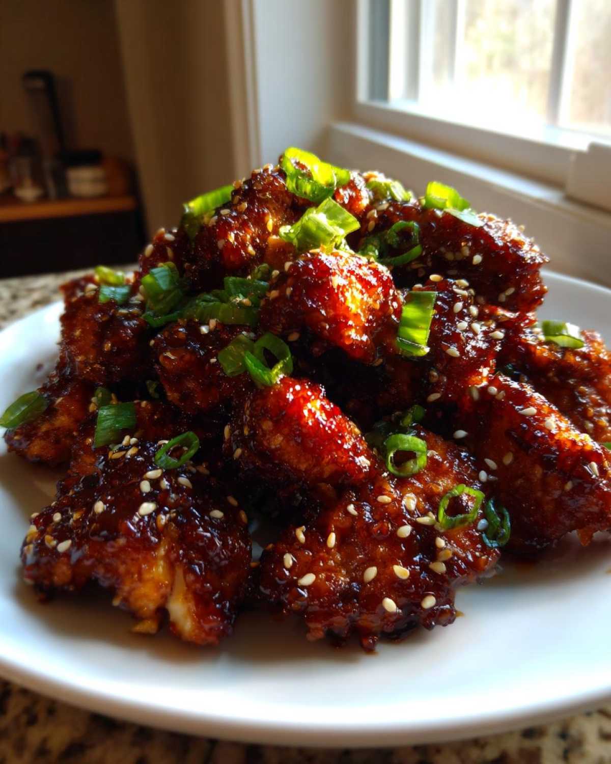 A pile of sticky, glazed Korean BBQ Chicken pieces topped with sesame seeds and sliced green onions.