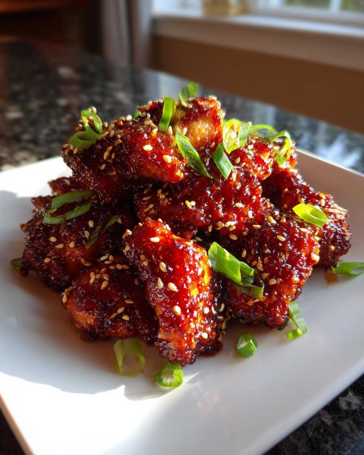 A pile of sticky, glazed Korean BBQ Chicken pieces garnished with sesame seeds and sliced green onions.