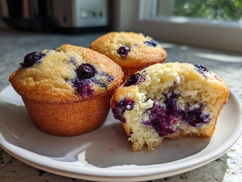 Three freshly baked Lemon Blueberry Muffins on a white plate, one broken open showing moist interior and bursting blueberries.