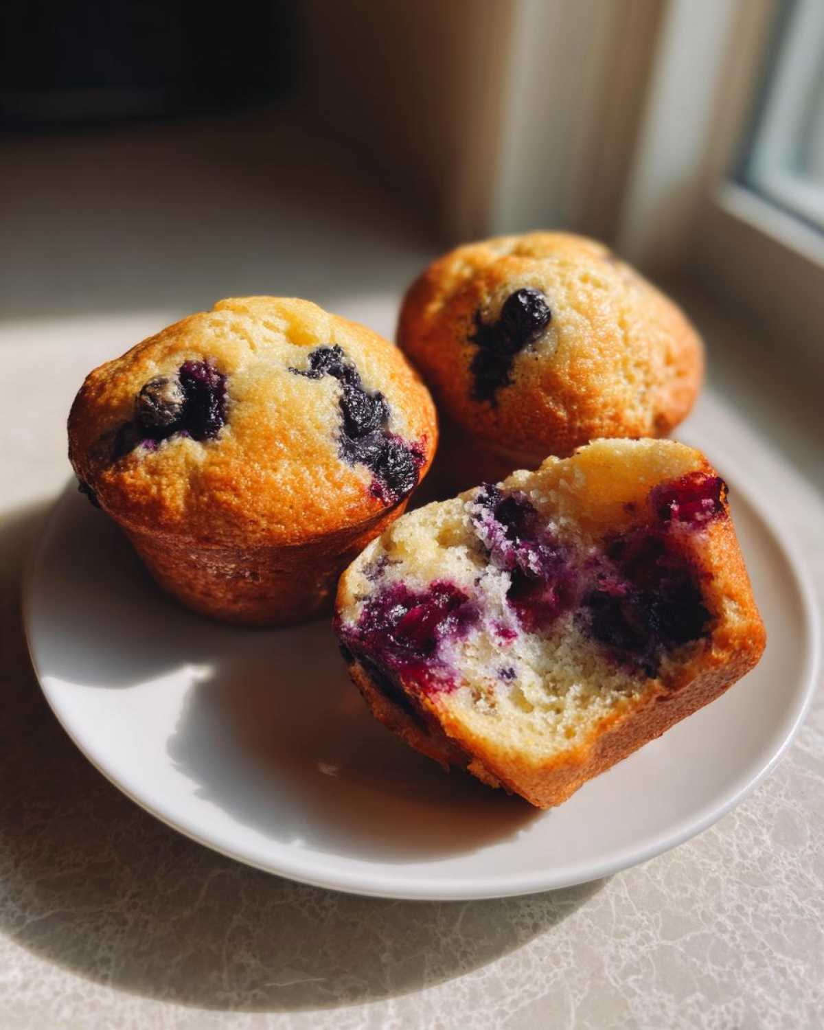 Three golden-brown Lemon Blueberry Muffins on a white plate, one cut in half showing moist interior and bursting blueberries.