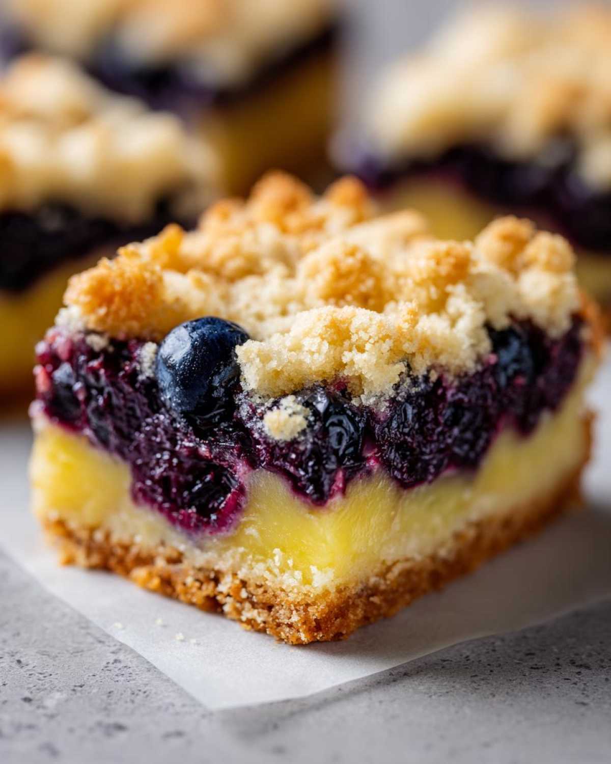 A close-up, cross-section view of a homemade Lemon Blueberry Streusel Bar showing the crust, lemon filling, blueberry layer, and crumb topping.