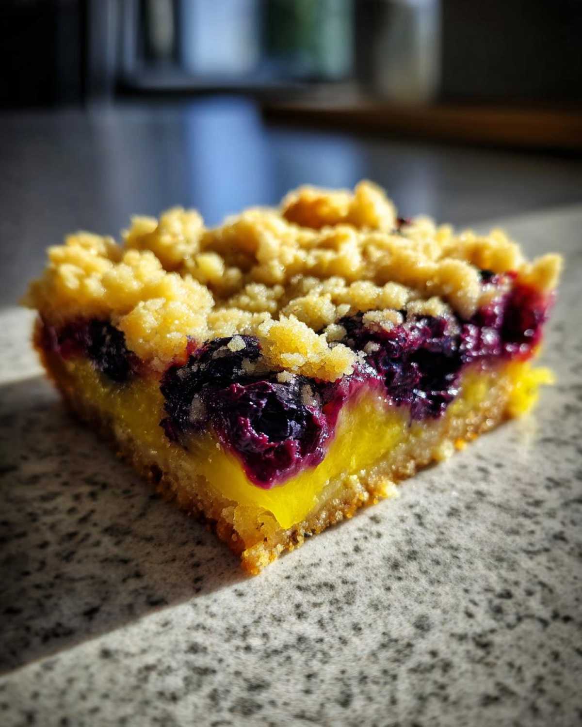 A single square of Lemon Blueberry Streusel Bars showing a bright yellow lemon layer, dark blueberries, and a crumbly streusel topping.
