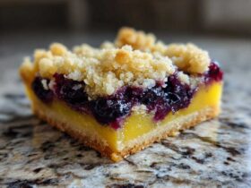 A single, thick slice of Lemon Blueberry Streusel Bars showing the shortbread crust, bright yellow lemon layer, blueberries, and crumb topping.