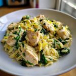 A close-up serving of creamy Lemon Chicken Orzo Spinach topped with bright yellow lemon zest.