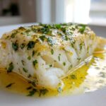 Close-up of a perfectly cooked piece of Lemon Garlic Butter Cod, topped with fresh parsley and resting in melted butter sauce.