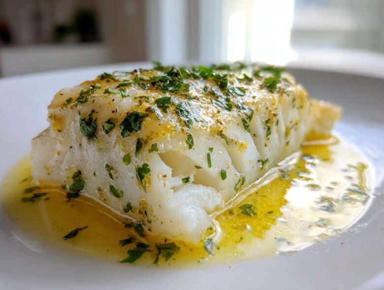 Close-up of a perfectly cooked piece of Lemon Garlic Butter Cod, topped with fresh parsley and resting in melted butter sauce.