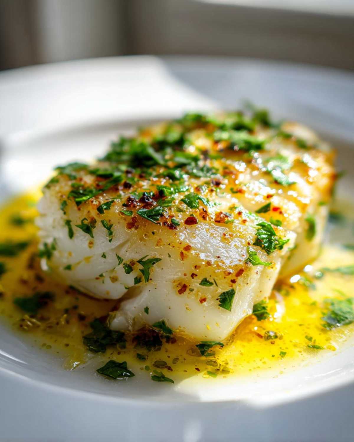 Close-up of a flaky white cod fillet smothered in bright yellow lemon garlic butter sauce and topped with fresh parsley.