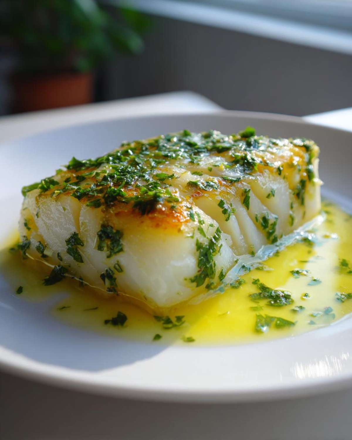 A perfectly cooked fillet of Lemon Garlic Butter Cod topped generously with fresh, chopped parsley and swimming in bright yellow butter sauce.