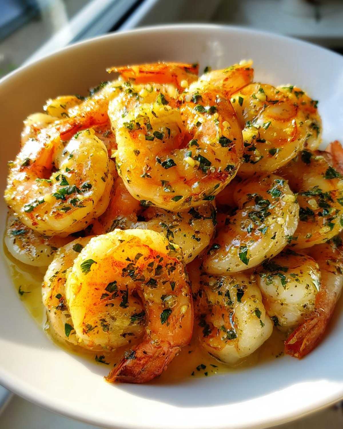 A close-up of perfectly cooked Lemon Garlic Shrimp coated in a buttery sauce with visible chopped parsley and garlic.
