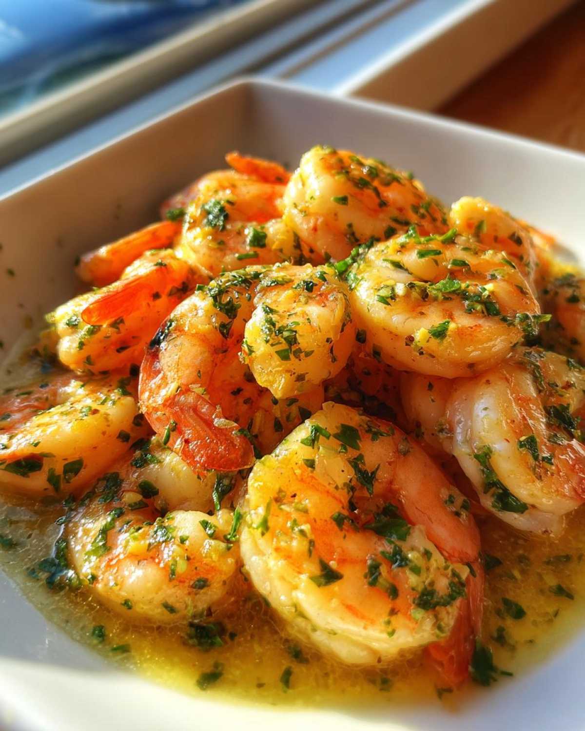 Close-up of cooked shrimp coated in a bright, buttery sauce and sprinkled with fresh parsley, showcasing the Lemon Garlic Shrimp recipe.