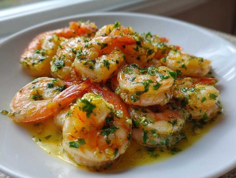 A close-up of succulent Lemon Garlic Shrimp coated in butter sauce and fresh parsley, served on a white plate.