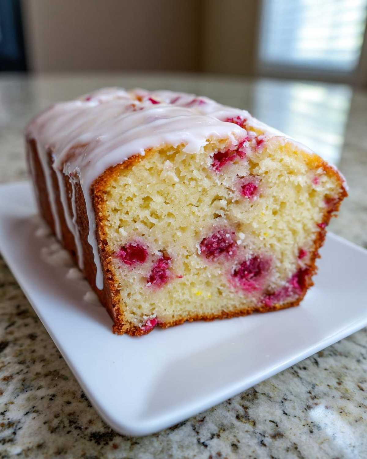 A slice of moist Lemon Rhubarb Bread topped with a thick white glaze, showing bright pink rhubarb pieces inside.