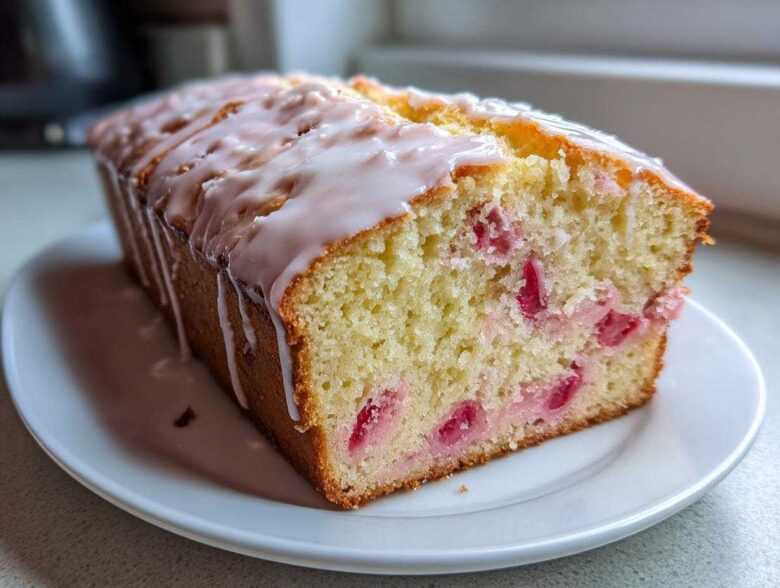 A loaf of moist Lemon Rhubarb Bread, sliced to show pink rhubarb pieces, topped with a white lemon glaze.