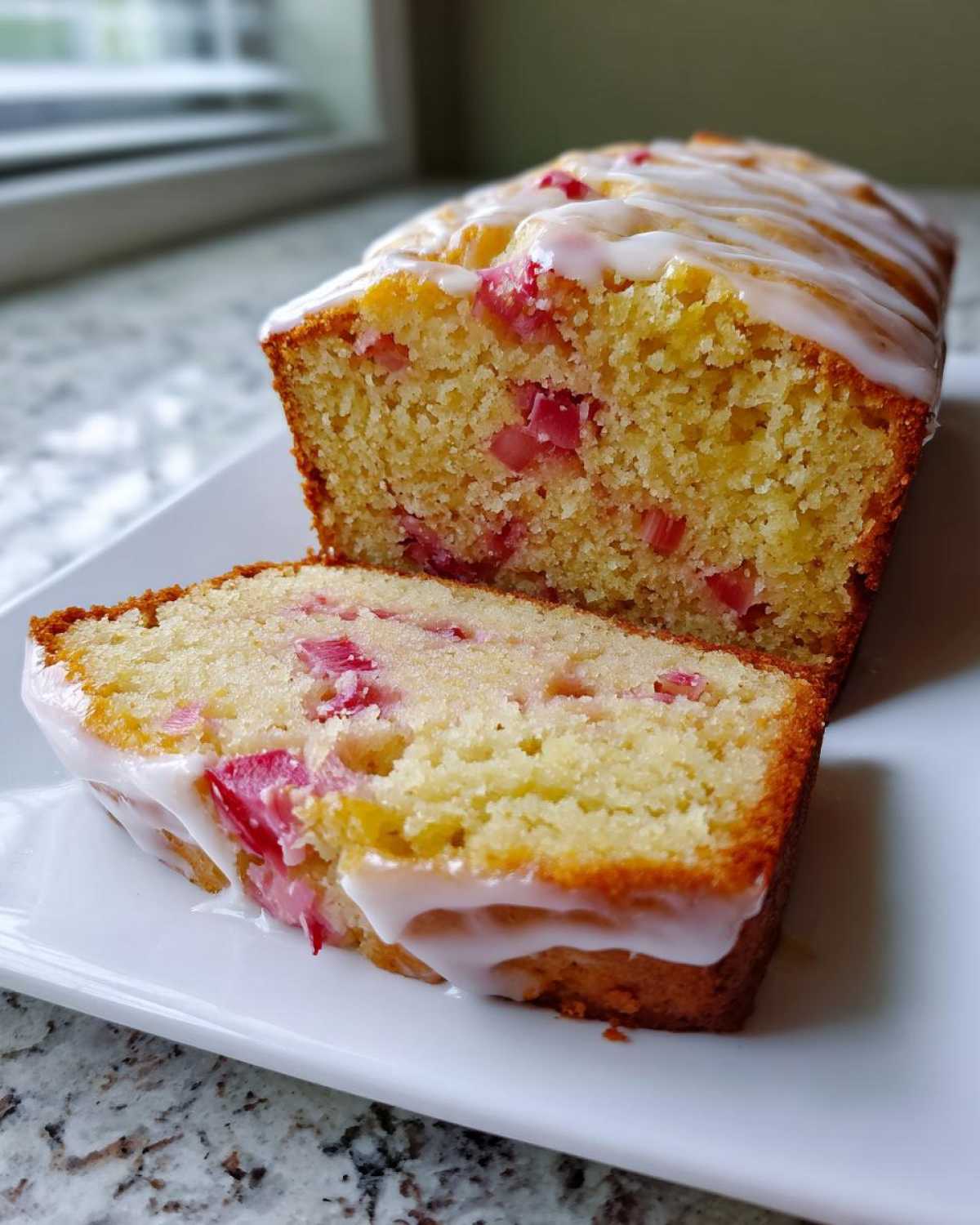 A slice of moist Lemon Rhubarb Bread topped with a white glaze, showing pink rhubarb pieces inside.