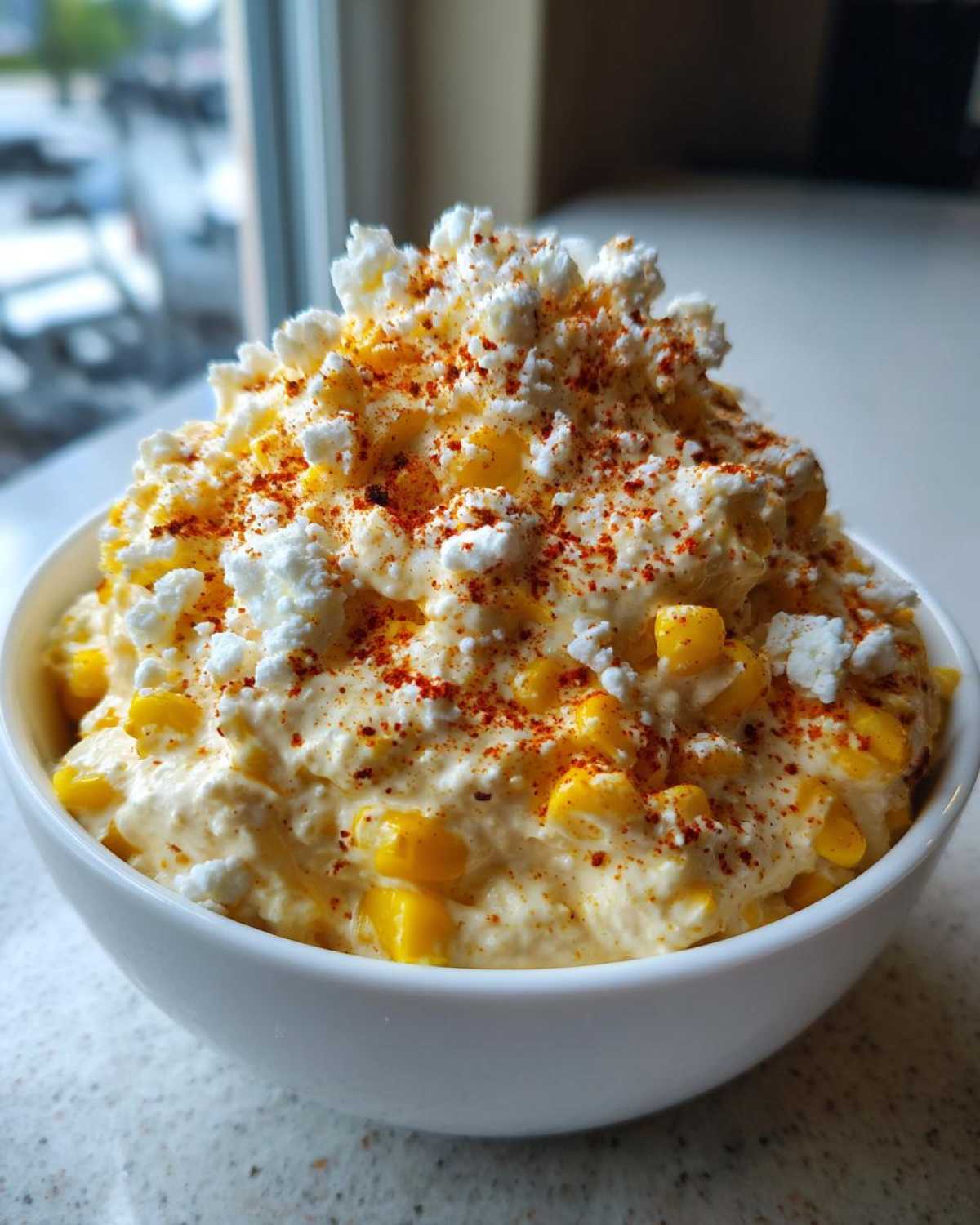 A close-up of a bowl filled with creamy Mexican Street Corn Dip, topped generously with crumbled white cheese and paprika.