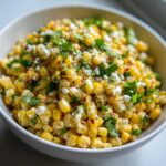 A close-up of a white bowl filled with vibrant Mexican Street Corn Salad Esquites, topped with cotija cheese and cilantro.