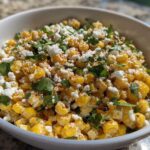 A close-up view of Mexican Street Corn Salad Esquites featuring charred corn kernels, cotija cheese, cilantro, and chili powder in a white bowl.