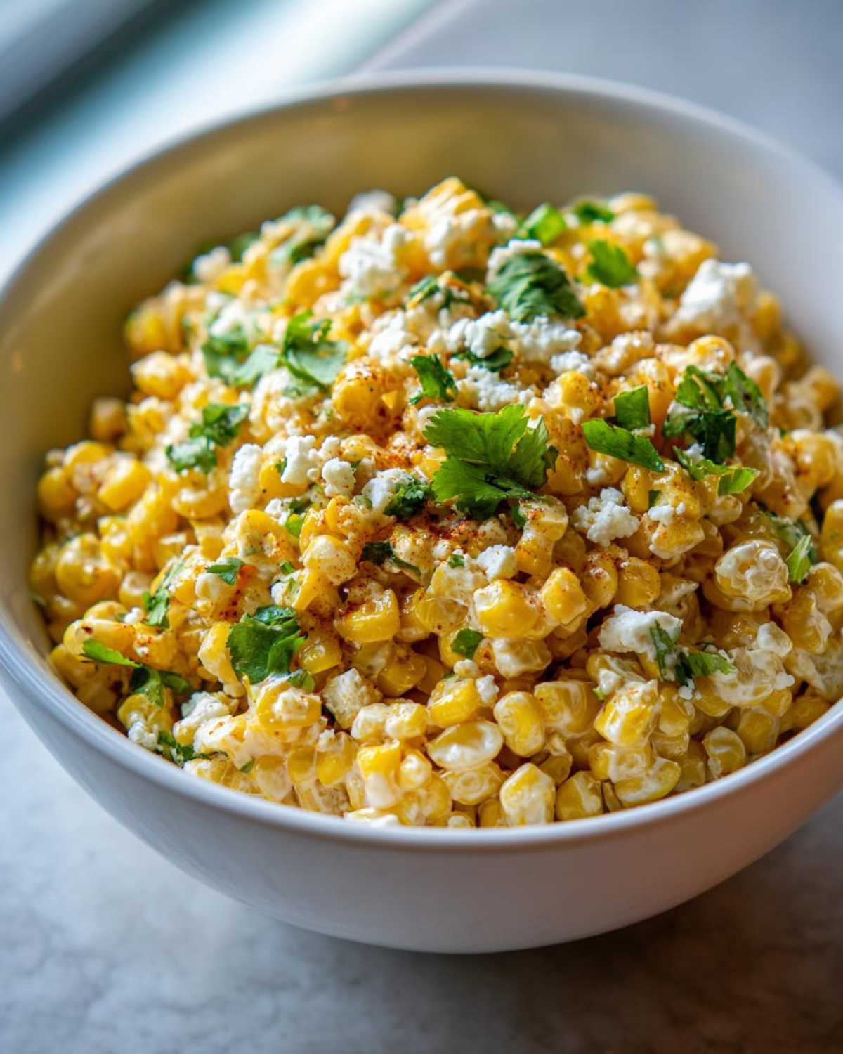 Close-up of a white bowl filled with creamy Mexican Street Corn Salad Esquites, topped with cotija cheese and cilantro.