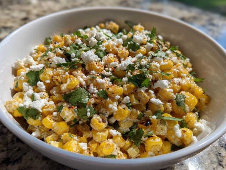 A close-up view of Mexican Street Corn Salad Esquites featuring charred corn kernels, cotija cheese, cilantro, and chili powder in a white bowl.