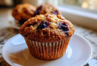 A close-up of a moist Banana Blueberry Muffin sitting on a small white plate, with more muffins blurred in the background.