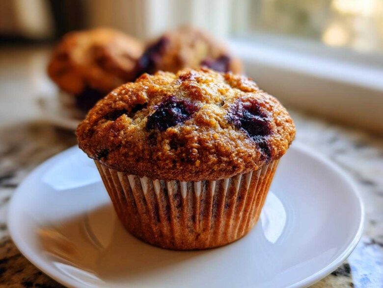 A close-up of a moist Banana Blueberry Muffin sitting on a small white plate, with more muffins blurred in the background.