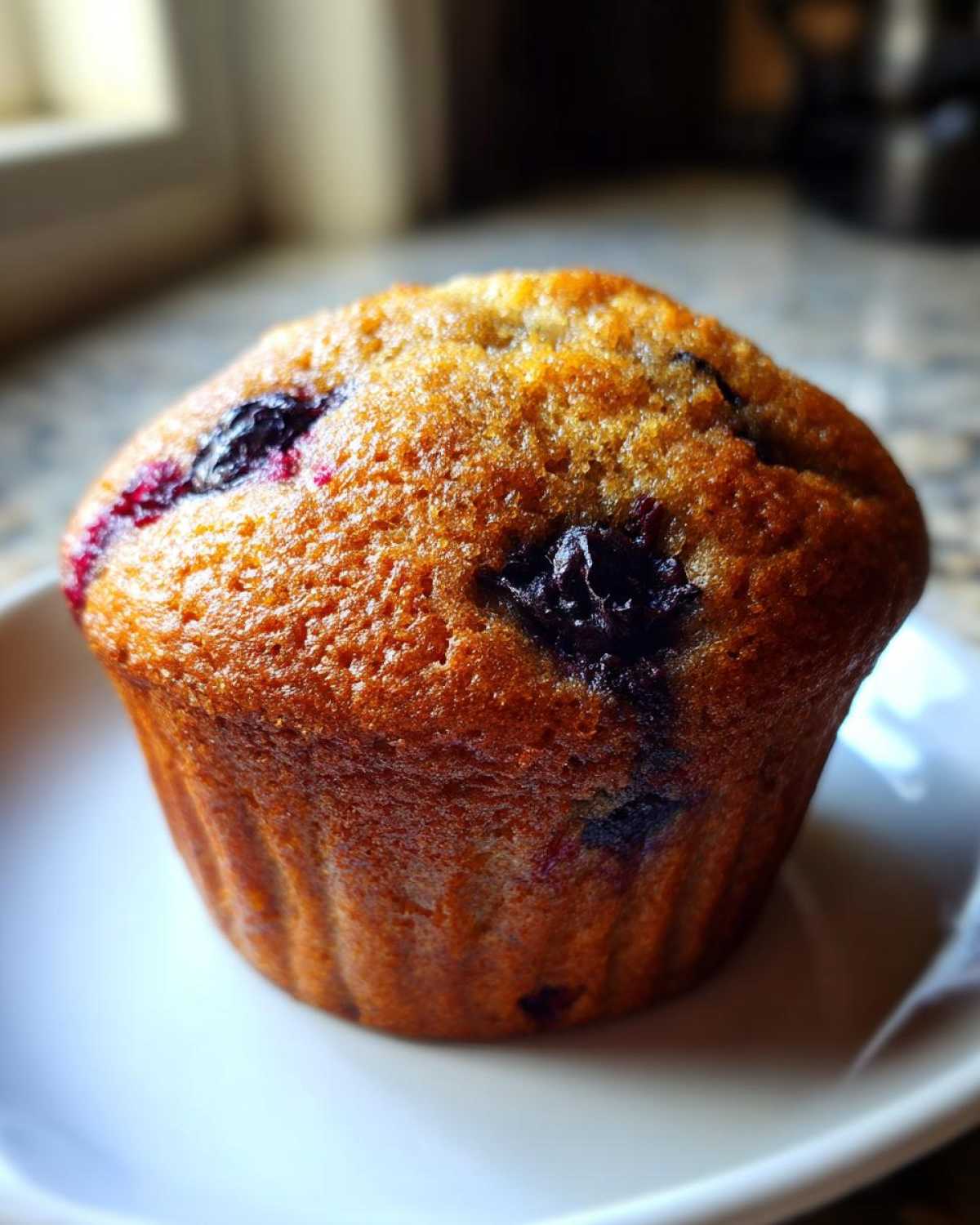 Close-up of a single, perfectly baked Banana Blueberry Muffin with a golden-brown top and visible blueberries.
