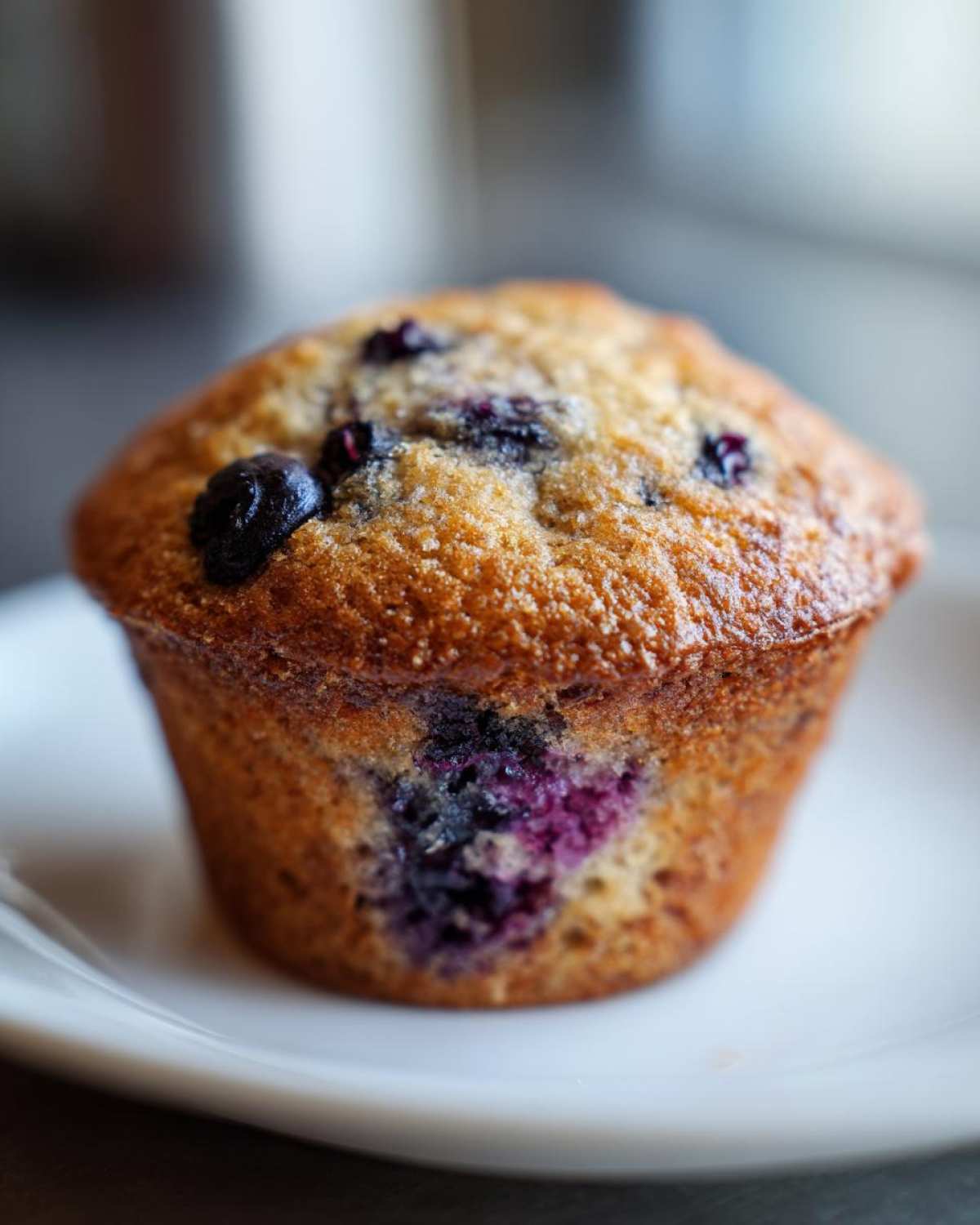 Close-up of a single, golden-brown Banana Blueberry Muffins with visible burst blueberries on a white plate.