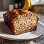A close-up of a freshly baked banana bread loaf, showing a moist interior with visible banana flecks and nuts.
