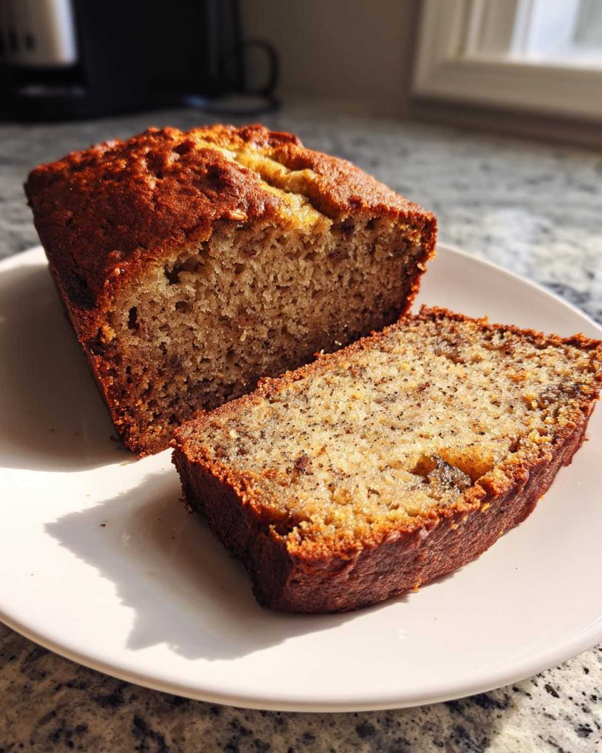 A golden-brown loaf of moist banana bread, partially sliced, resting on a white plate.