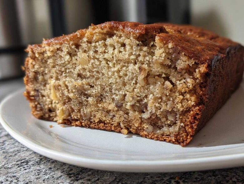 Close-up of a moist slice of banana bread showing the crumb texture and visible walnuts, ready to bake banana bread.