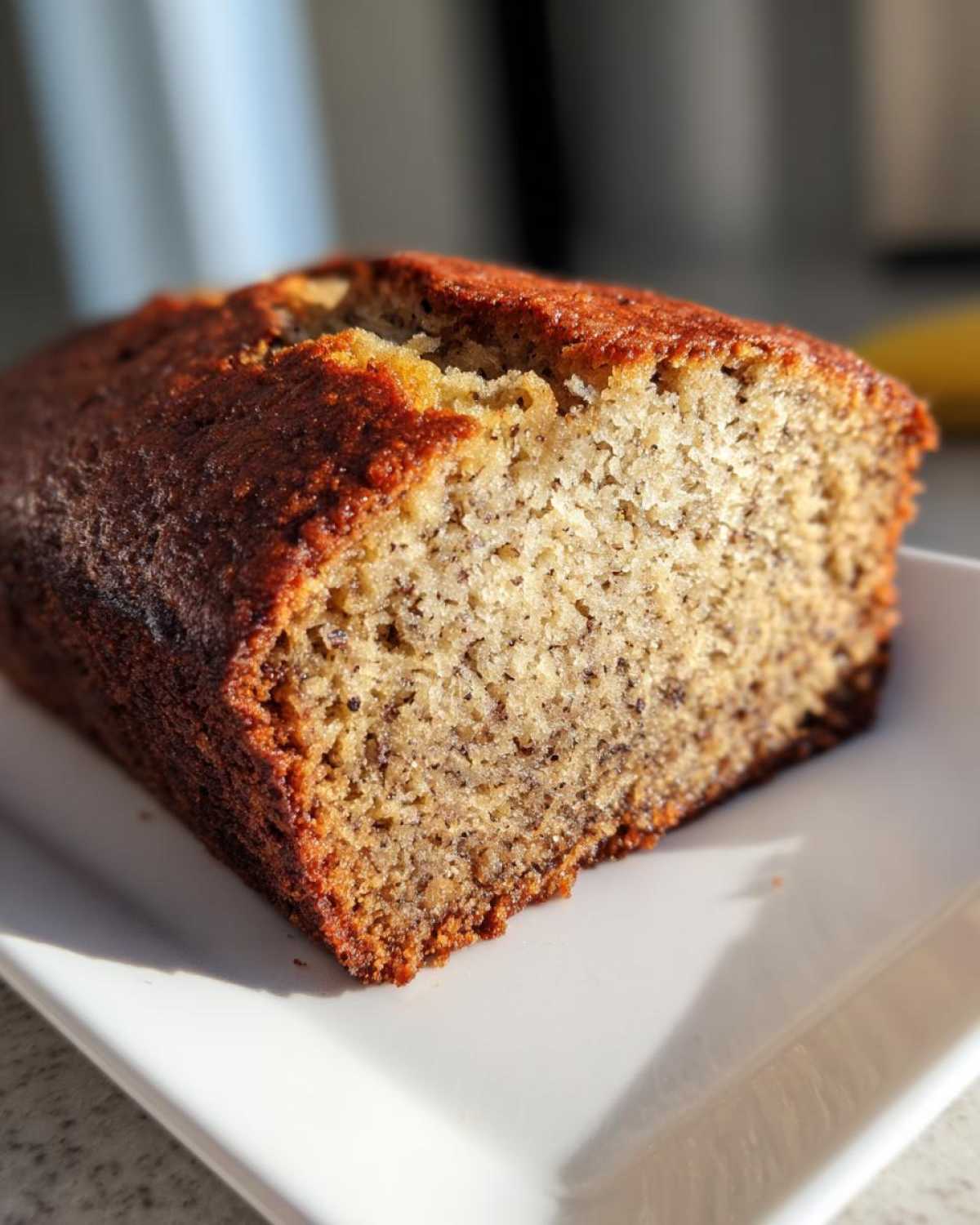 Close-up of a moist slice of homemade Banana Bread showing the dark, caramelized crust and speckled interior.