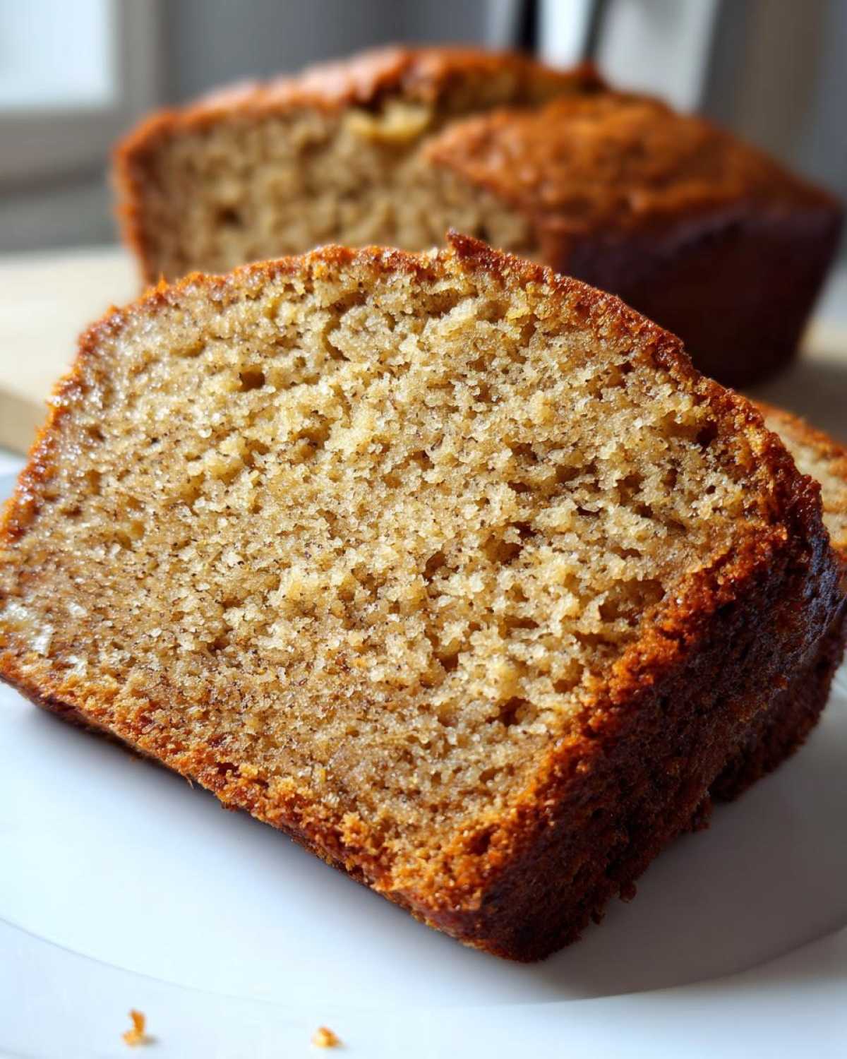 Close-up of a moist slice of homemade Banana Bread showing its tender, golden-brown crumb texture.