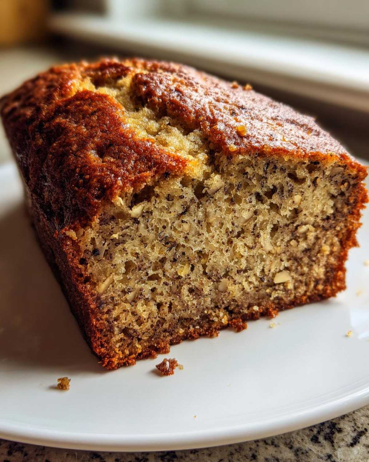 Close-up of a moist slice of banana bread showing the speckled interior texture and dark, caramelized crust.