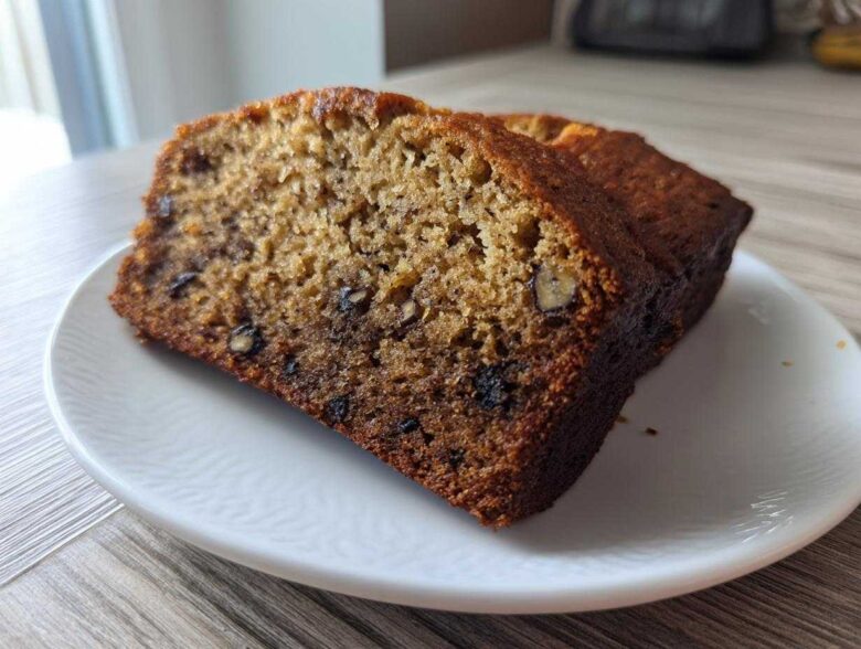 A thick slice of incredibly moist banana bread showing a rich crumb texture and visible walnuts.