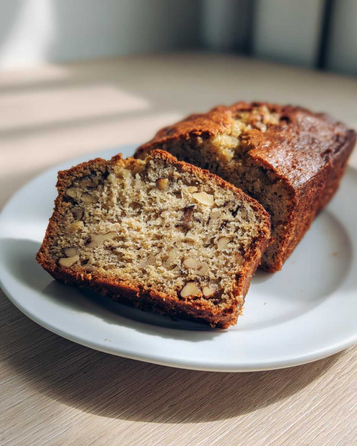 Two slices of rich, Moist Banana Bread, showing a dense crumb filled with walnuts, served on a white plate.
