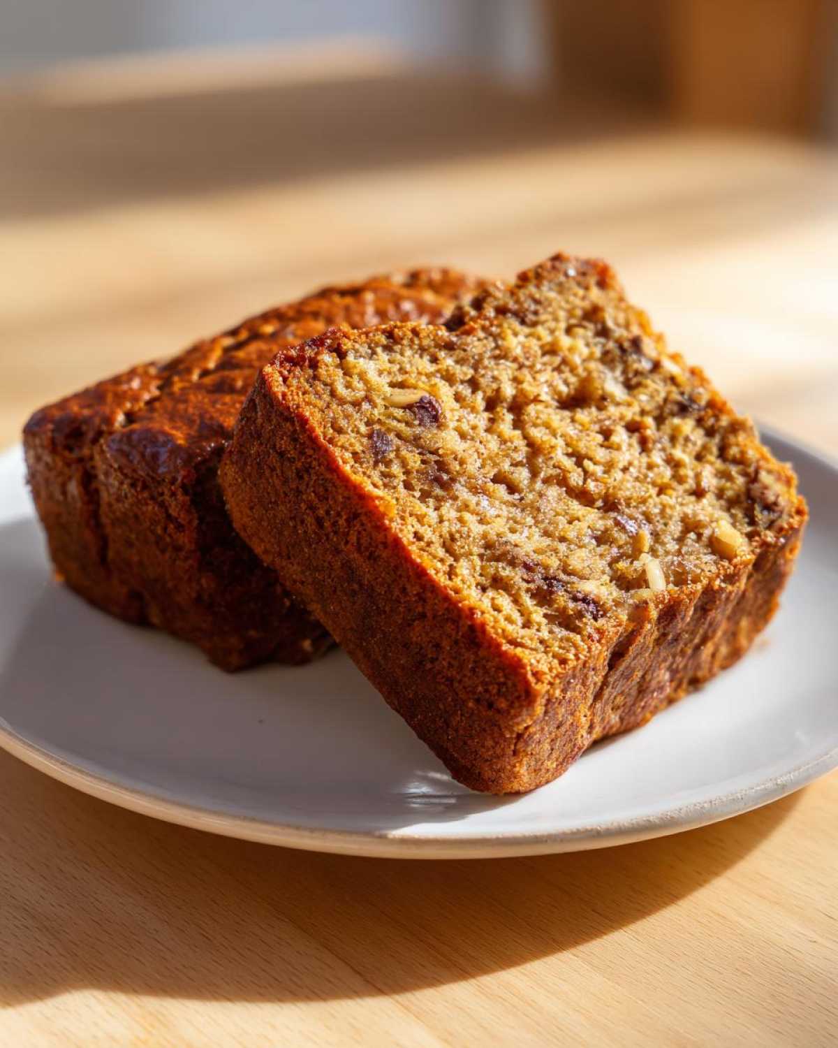 Two thick slices of incredibly Moist Banana Bread showing a rich, textured interior with nuts and fruit.