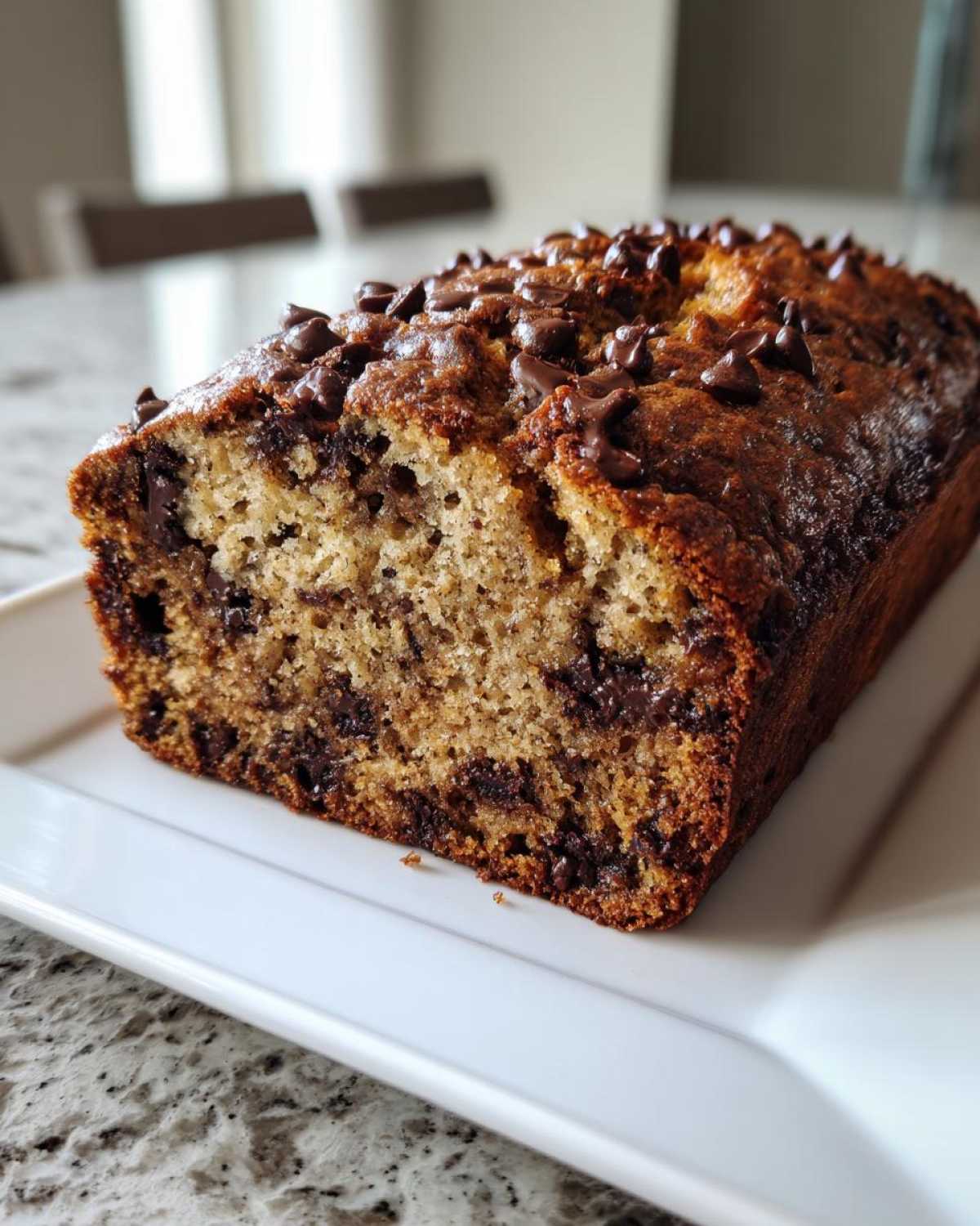 A close-up of a freshly baked, moist Chocolate Chip Banana Bread loaf topped with melted chocolate chips.