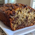 A close-up view of a freshly baked, moist Chocolate Chip Banana Bread loaf with melted chips on top.