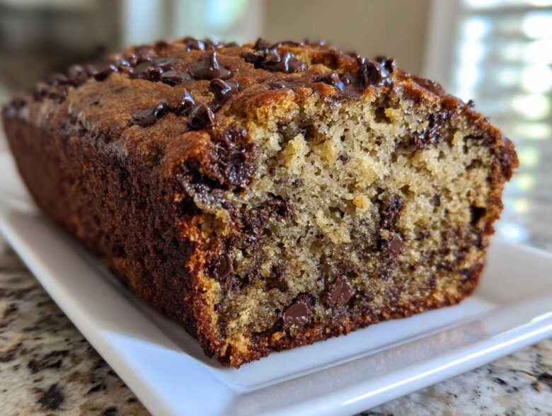A close-up view of a freshly baked, moist Chocolate Chip Banana Bread loaf with melted chips on top.