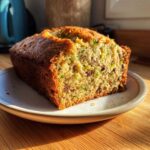 A freshly baked loaf of chocolate chip Zucchini Bread, showing its moist crumb texture, sitting on a small white plate.