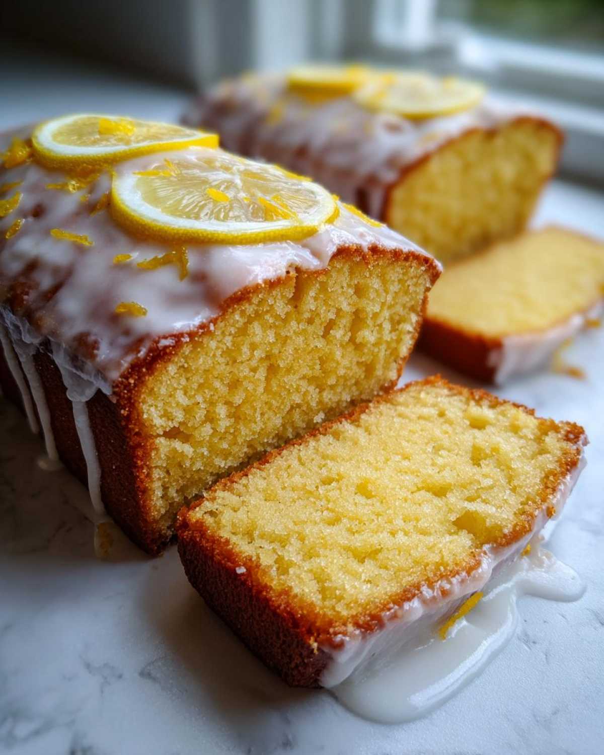 Close-up of moist Lemon Bread loaf topped with white glaze, lemon slices, and zest, with one slice cut.