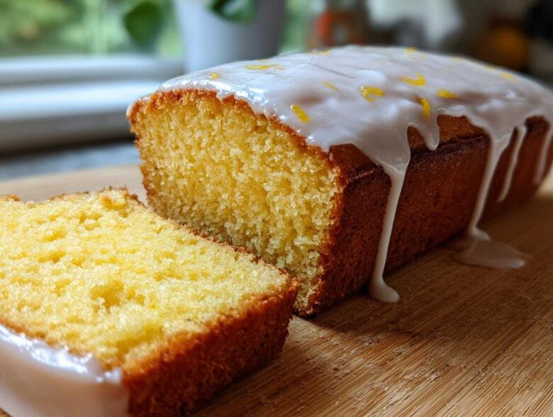 A close-up of moist Lemon Bread with thick white glaze dripping down the sides and lemon zest sprinkled on top.