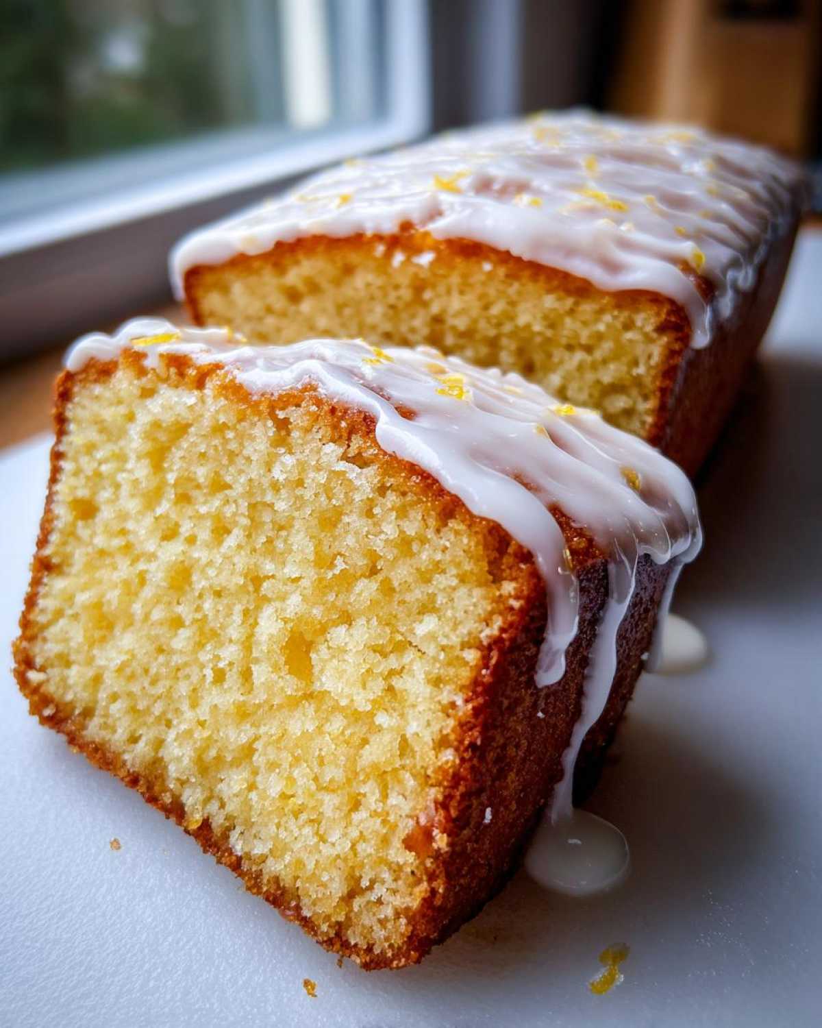 Close-up of a moist slice of Lemon Bread with thick white glaze dripping down the side and lemon zest sprinkled on top.