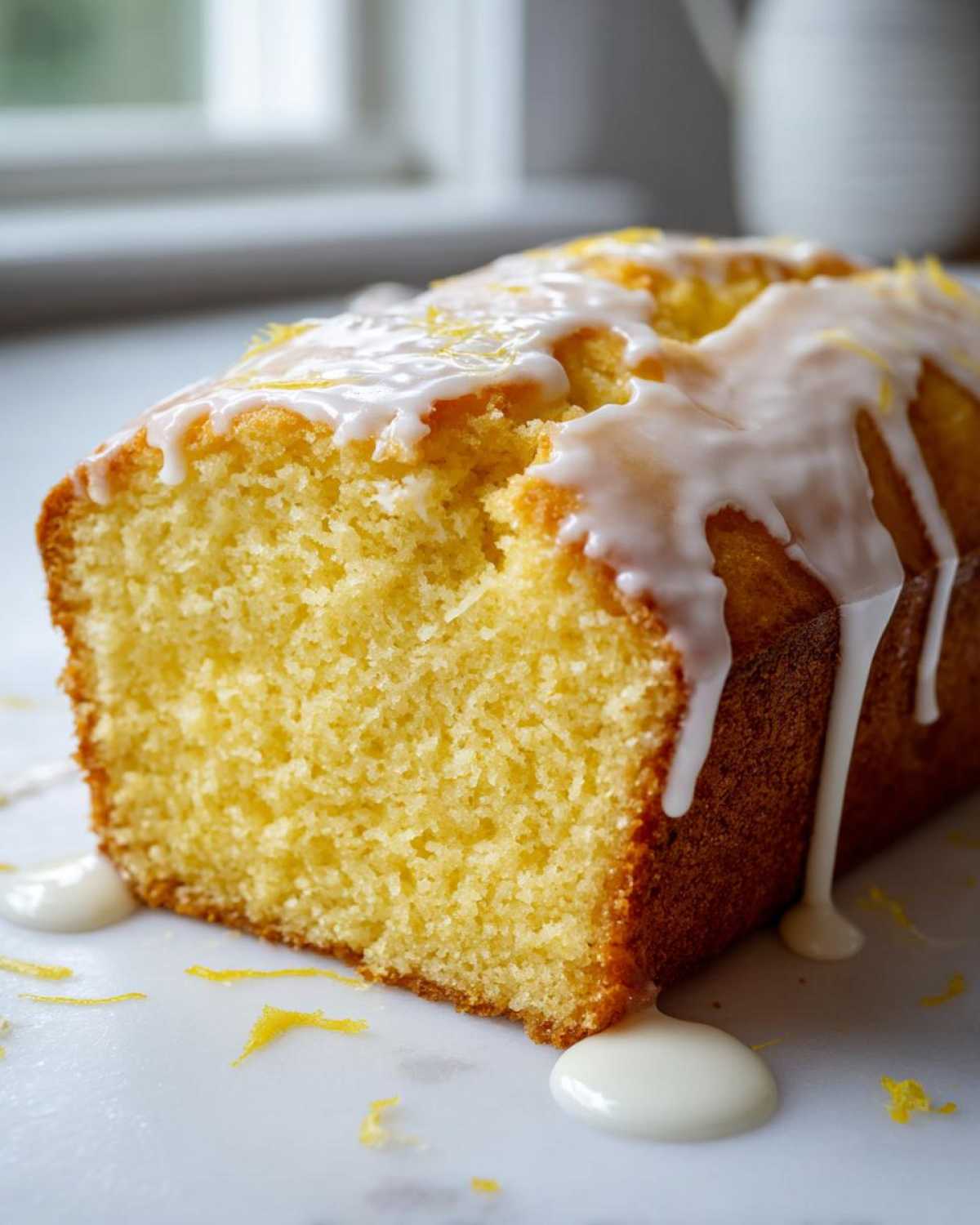 Close-up of a moist Lemon Loaf cake with thick white glaze dripping down the side and sprinkled with lemon zest.
