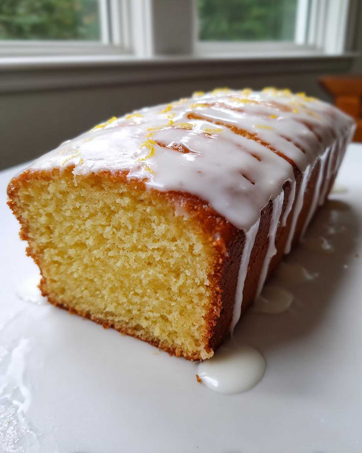 A moist, golden Lemon Loaf cake drizzled with white glaze and topped with lemon zest.